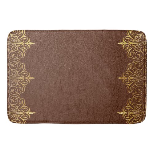 Brown Leather Texture Print Gold Border Bath Mat