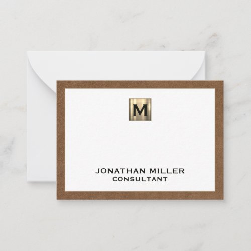 Brown Leather Texture Print Monogram Note Card