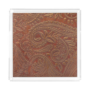 Brown leather, tooled floral pattern. acrylic tray