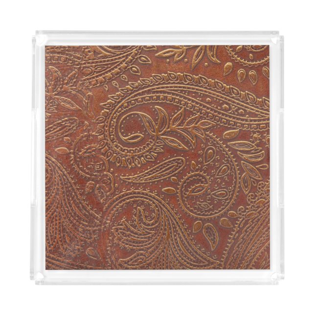 Brown leather, tooled floral pattern. acrylic tray (Front)