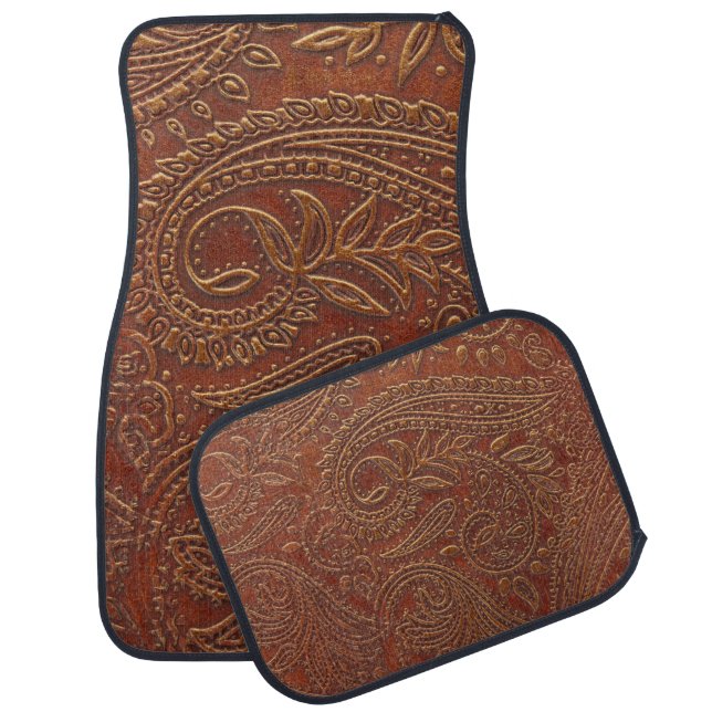 Brown leather, tooled floral pattern. car floor mat (Set)