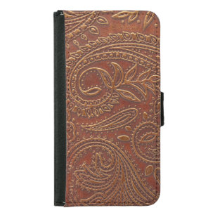 Brown leather, tooled floral pattern. samsung galaxy s5 wallet case