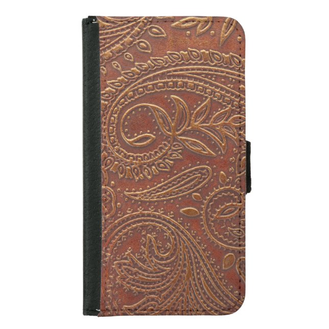 Brown leather, tooled floral pattern. samsung galaxy wallet case (Front)