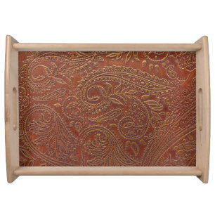 Brown leather, tooled floral pattern. serving tray