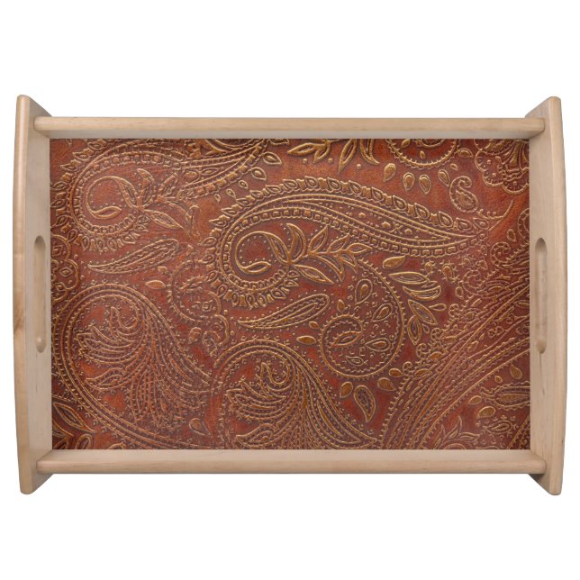 Brown leather, tooled floral pattern. serving tray (Front)