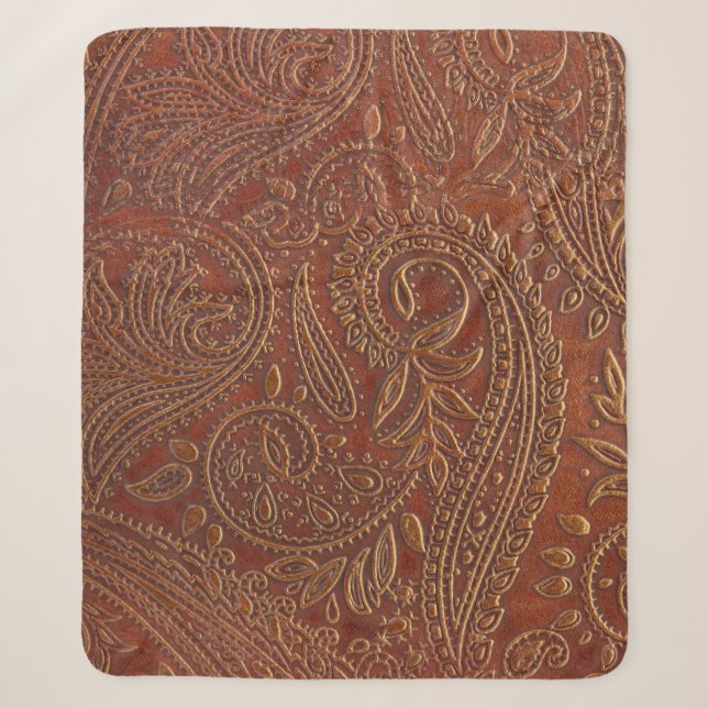 Brown leather, tooled floral pattern. sherpa blanket (Front)