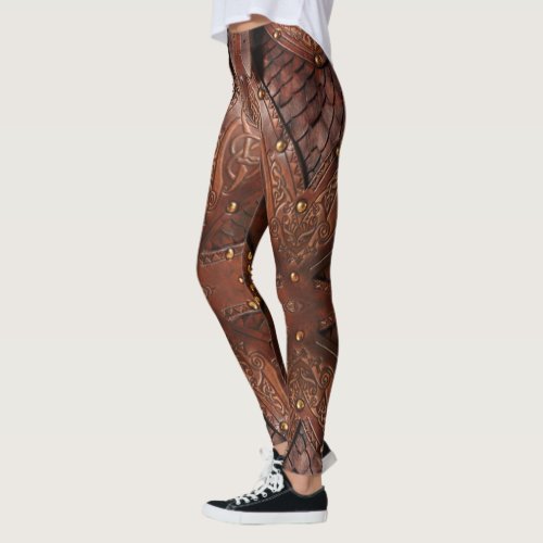 Brown Leather Viking Chest Armor Abstract Design Leggings