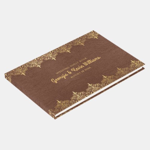 Brown Leather Vintage Gold Lace Border Guest Book