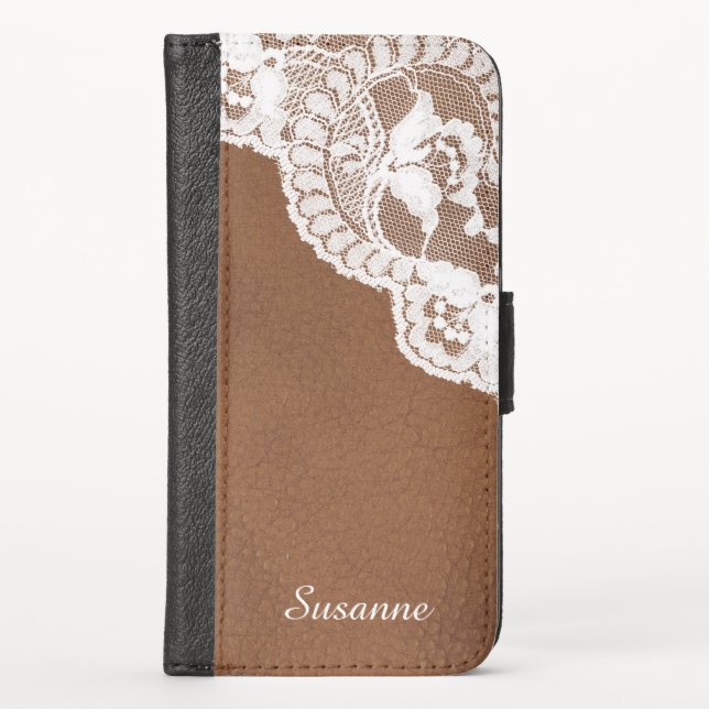 Brown Leather White Lace iPhone Wallet Case (Front)