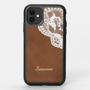Brown Leather White Lace Otterbox Symmetry Iphone 11 Case by MegaCase at Zazzle