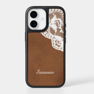 Brown Leather White Lace iPhone 17 Case
