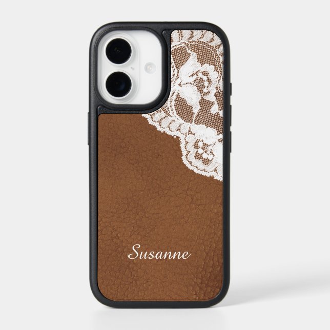 Brown Leather White Lace Otterbox iPhone Case (Back)