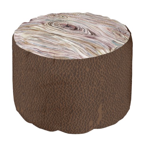 Brown leather  Wood Bark Pouf