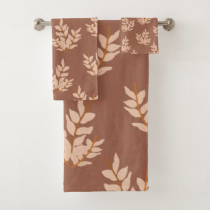 Brown Leaves Vintage Line Leaf Pattern  Bath Towel Set