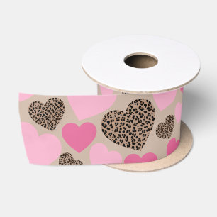 Brown Leopard and Pink Hearts Satin Ribbon