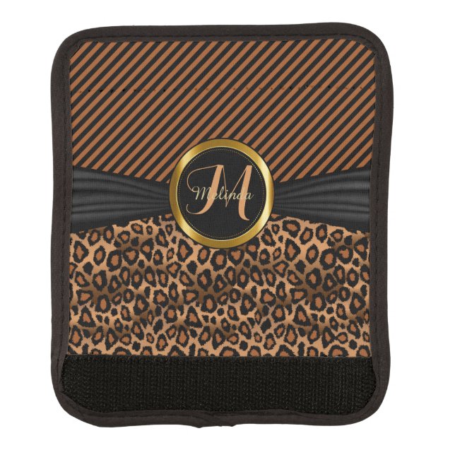 Brown Leopard Animal Print - Monogram Luggage Handle Wrap (Front)