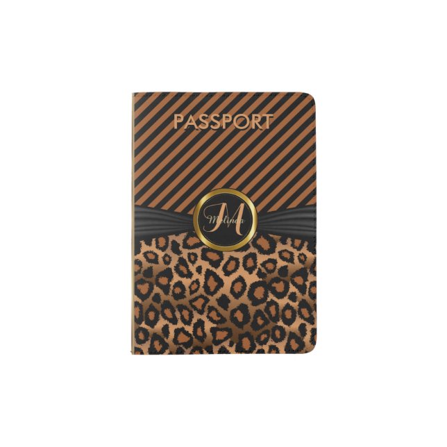 Brown Leopard Animal Print - Monogram Passport Holder (Front)