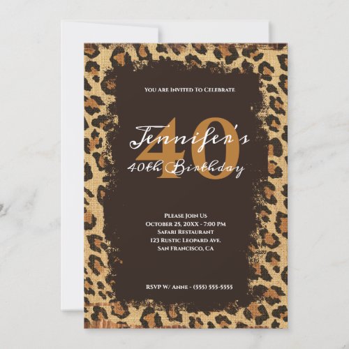 Brown Leopard Burlap Grunge 40th Birthday Invitation