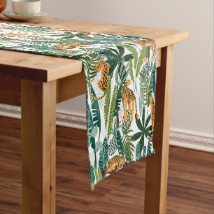 Brown leopard in tropical lush jungle leaves short table runner