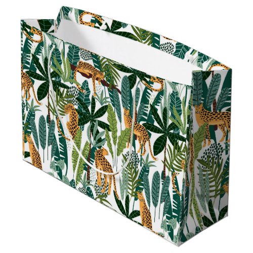 Brown leopard in tropical lush jungle leaves wrapp large gift bag