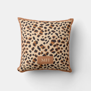 Brown Leopard Pattern Modern Initials Monogram Throw Pillow