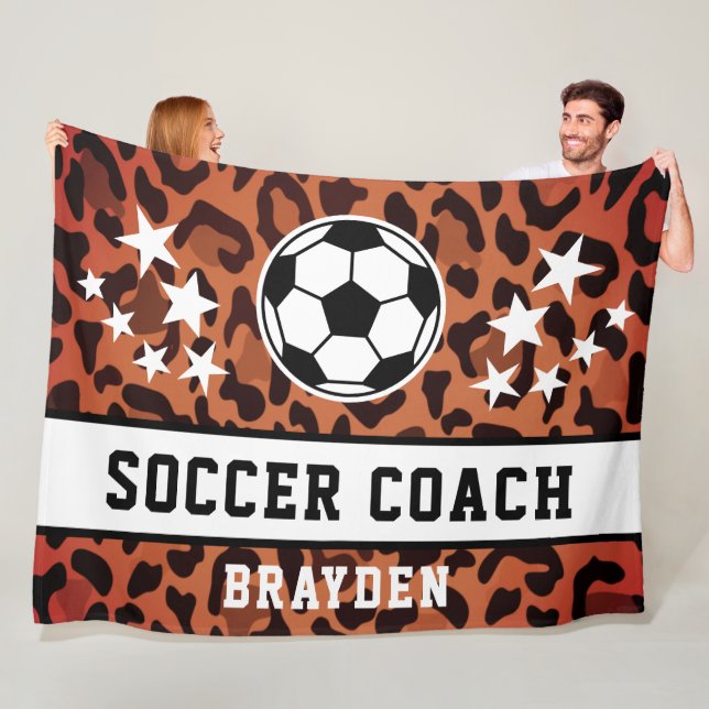 Brown Leopard Print Soccer Coach Name  Fleece Blanket (In Situ)