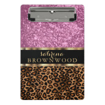 Brown Leopard Skin Pattern and Pink Glitter Mini Clipboard