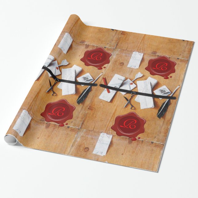 BROWN LETTER HOLDER IN WOOD ,RED WAX SEAL MONOGRAM WRAPPING PAPER (Unrolled)