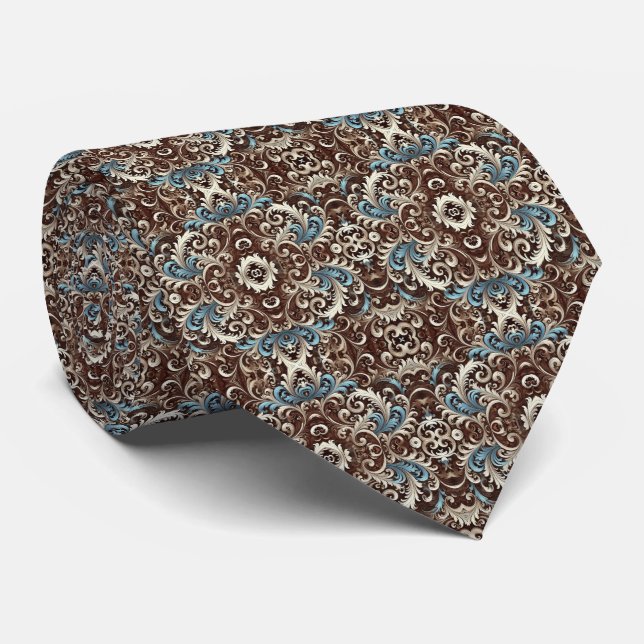 Brown, Light Blue, and Cream Tile Pattern Neck Tie (Rolled)
