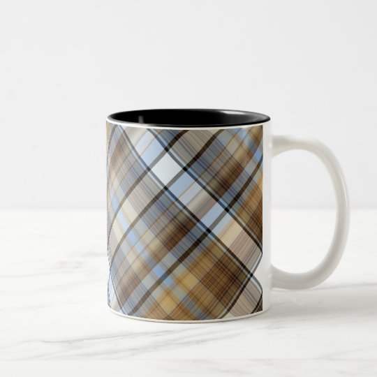Brown, light blue and white tartan design Two-Tone coffee mug