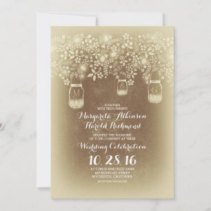 brown lights mason jars floral elegant wedding invitation
