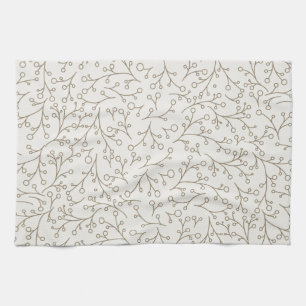 Brown Line Art Botanical Berry Vine Pattern on Cre Kitchen Towel