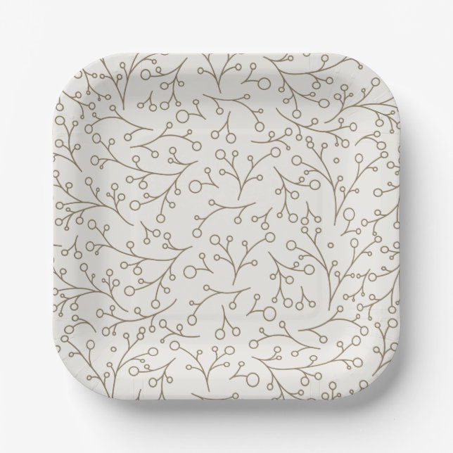 Brown Line Art Botanical Berry Vine Pattern Paper Plates (Front)
