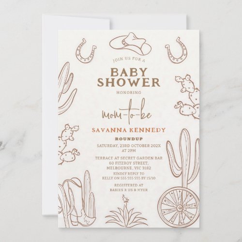 Brown Line Drawn Cowgirl Baby Shower Invitation