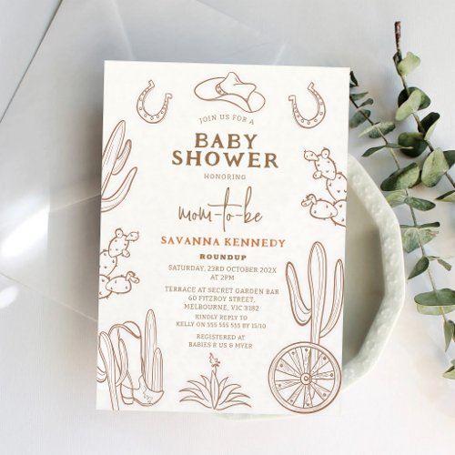 Brown Line Drawn Cowgirl Baby Shower Invitation