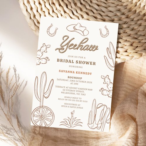 Brown Line Yeehaw Western Cowgirl Bridal Shower Invitation