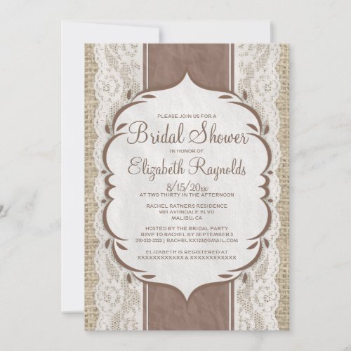 Brown Linen Burlap Lace Bridal Shower Invitations