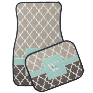 Brown Linen Mint Quatrefoil Monogram Pattern Car Floor Mat