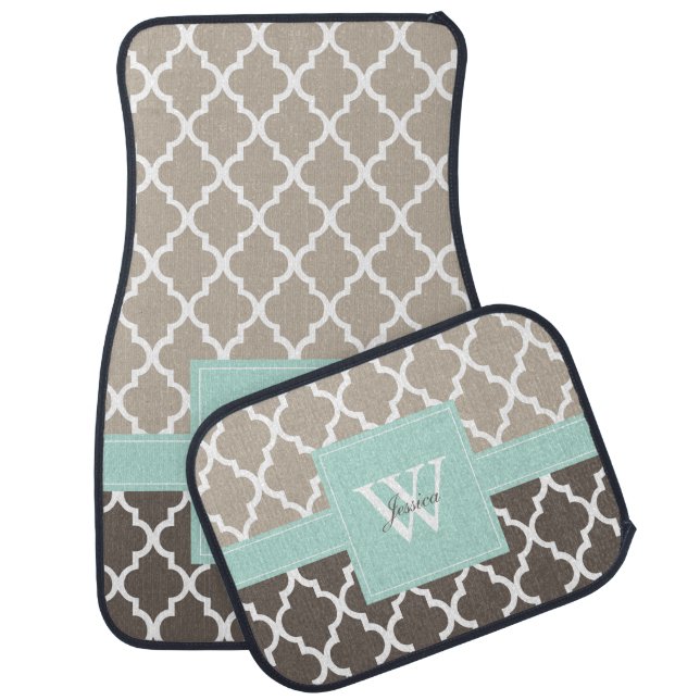Brown Linen Mint Quatrefoil Monogram Pattern Car Floor Mat (Set)