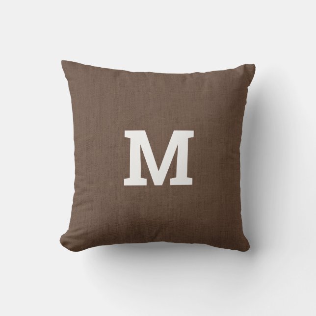 Brown Linen with Monogram Throw Pillow (Front)