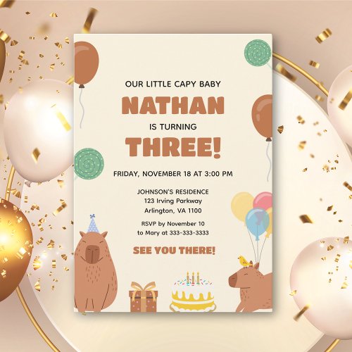 Brown Little Capy Baby Capybara Kids Fun Birthday Invitation