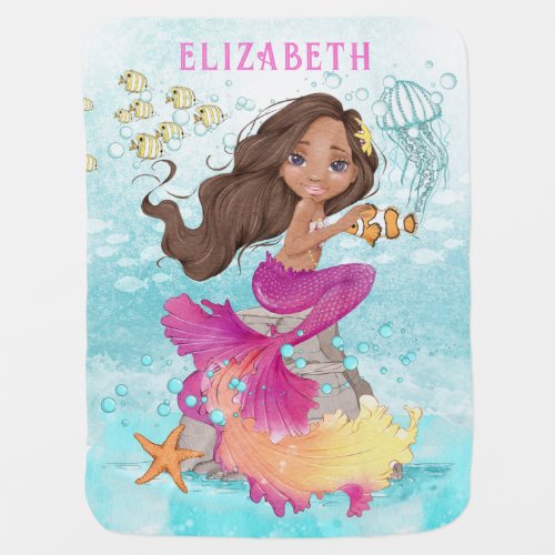 Brown Little Mermaid Watercolor Baby Blanket