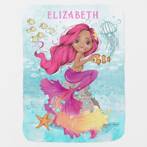 Brown Little Mermaid Watercolor Baby Blanket