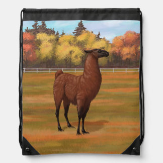 Brown Llama in Autumn Farm Pasture Drawstring Bag