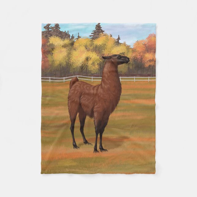Brown Llama in Autumn Farm Pasture Fleece Blanket (Front)