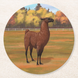 Brown Llama in Autumn Farm Pasture Round Paper Coaster