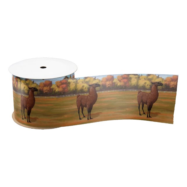 Brown Llama in Autumn Farm Pasture Satin Ribbon (Spool)