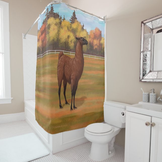 Brown Llama in Autumn Farm Pasture Shower Curtain (In Situ)