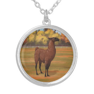 Brown Llama in Autumn Farm Pasture Silver Plated Necklace