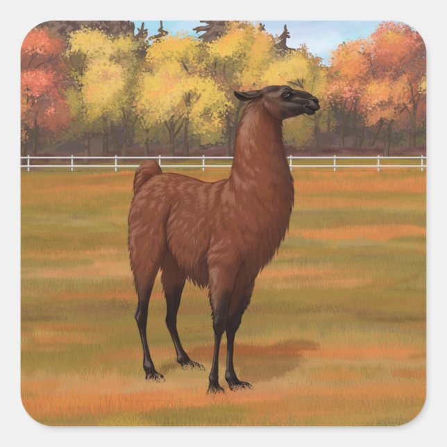 Brown Llama in Autumn Farm Pasture Square Sticker (Front)